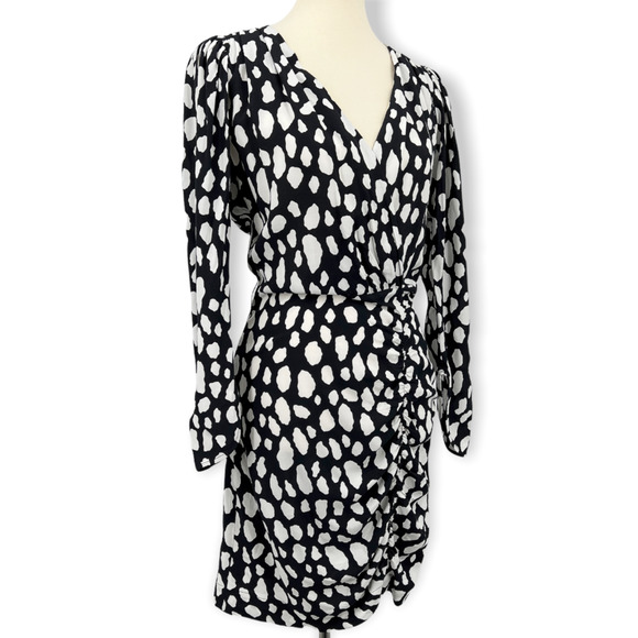 Maje Rossima Black White Spotted Dress V Neck Long Sleeve Faux Wrap Size 2 - Picture 5 of 11
